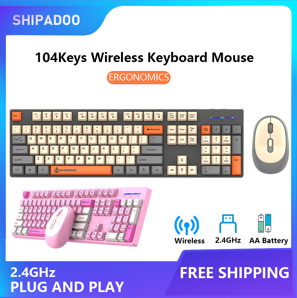 Kabellose Tastatur- und Maus-Kombination, 104 Tasten, volle Größe, ergonomische Tastatur, batteriebetrieben, 2,4 G, Maus für PC, Laptop, für Büro und Zuhause