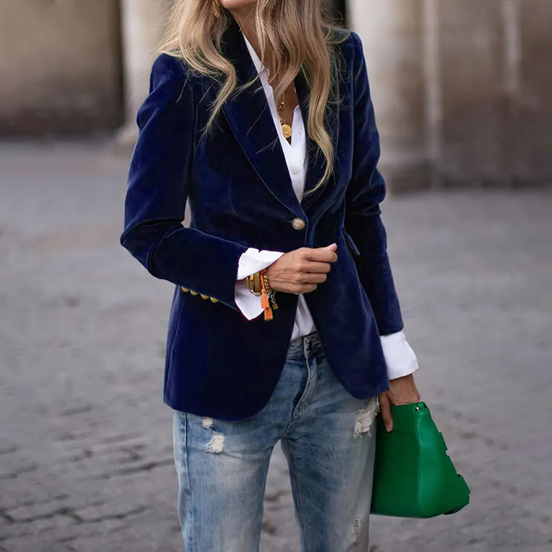 Dame Jakke Liten Fløyel - Vår Stilfull Business Casual Polert Pendler Stil