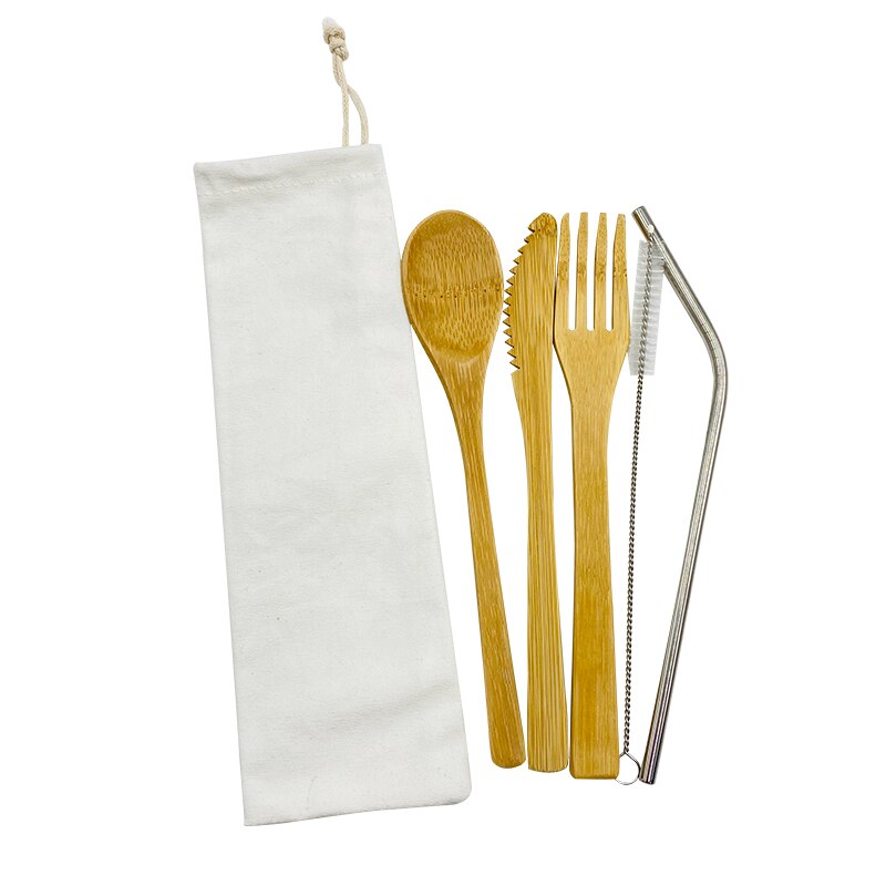 Vaisselle Portable biologique, vaisselle réutilisable, ensemble de vaisselle biodégradable, ustensiles de cuisine en bois de Camping, couverts de voyage en bambou: WHITE