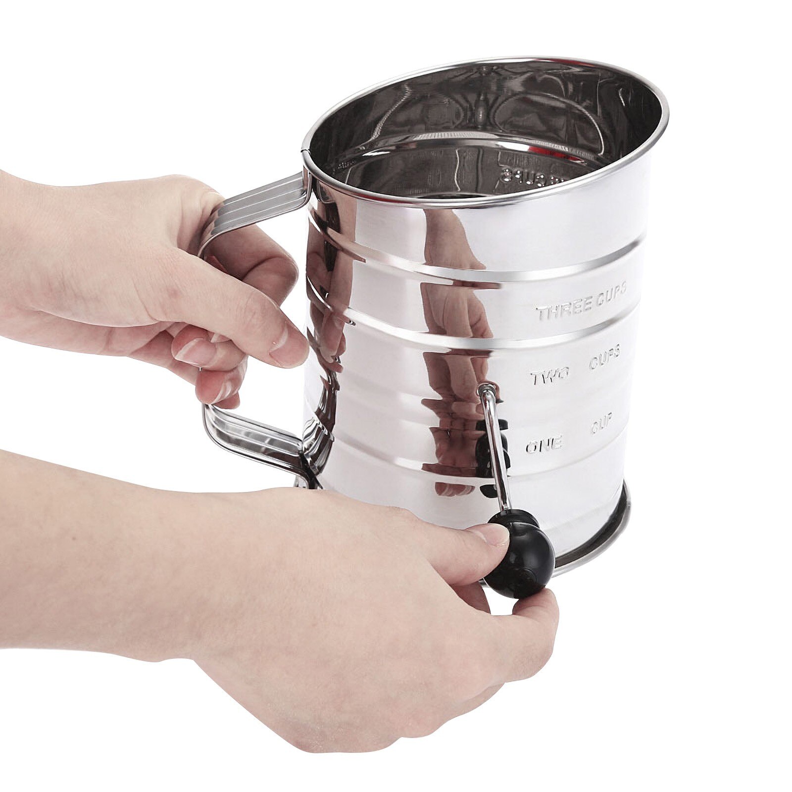 3-Cup Stainless Steel Rotary Hand Crank Flour Sifter with 2 Wire Agitator Baking Tool Crank Flour Sifter Shaker Kitchen Tools#40