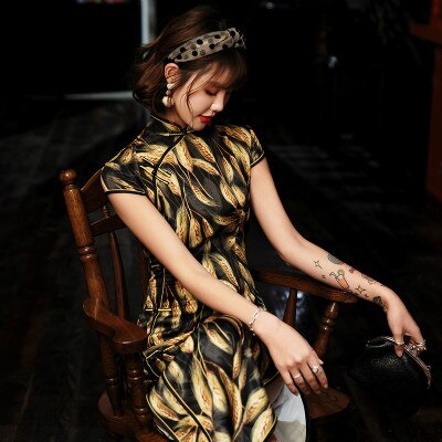 SHENG COCO-Vestido largo de seda con estampado de orejas de trigo, negro, dorado, de talla grande, estilo chino, Qipao: S