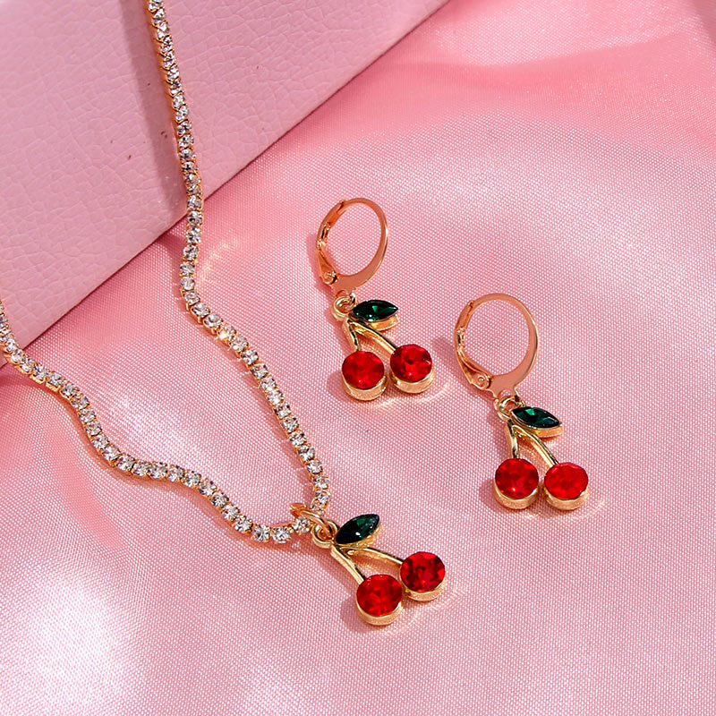 Koreanisch Süße Nette rot Kirsche Schmuck einstellen Für Frauen Bling Kristall Anhänger Halskette und Ohrring setzt Schmuck Party
