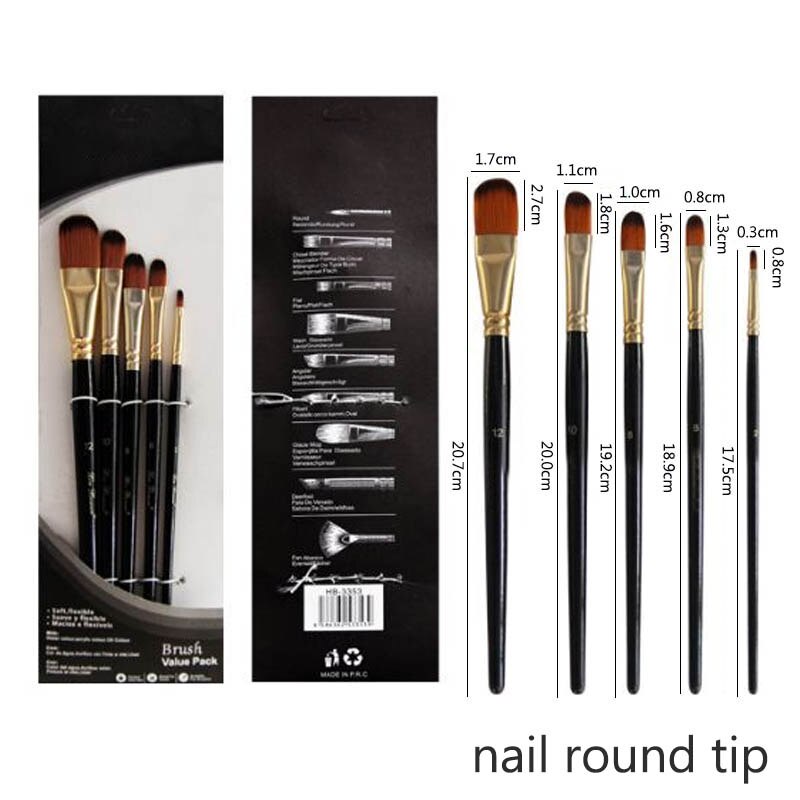 Artist Paint Brush Set 5Pcs Nylon Hair Wood Black Handle Watercolor Acrylic Oil Brush Painting Art Supplies: nail round tip