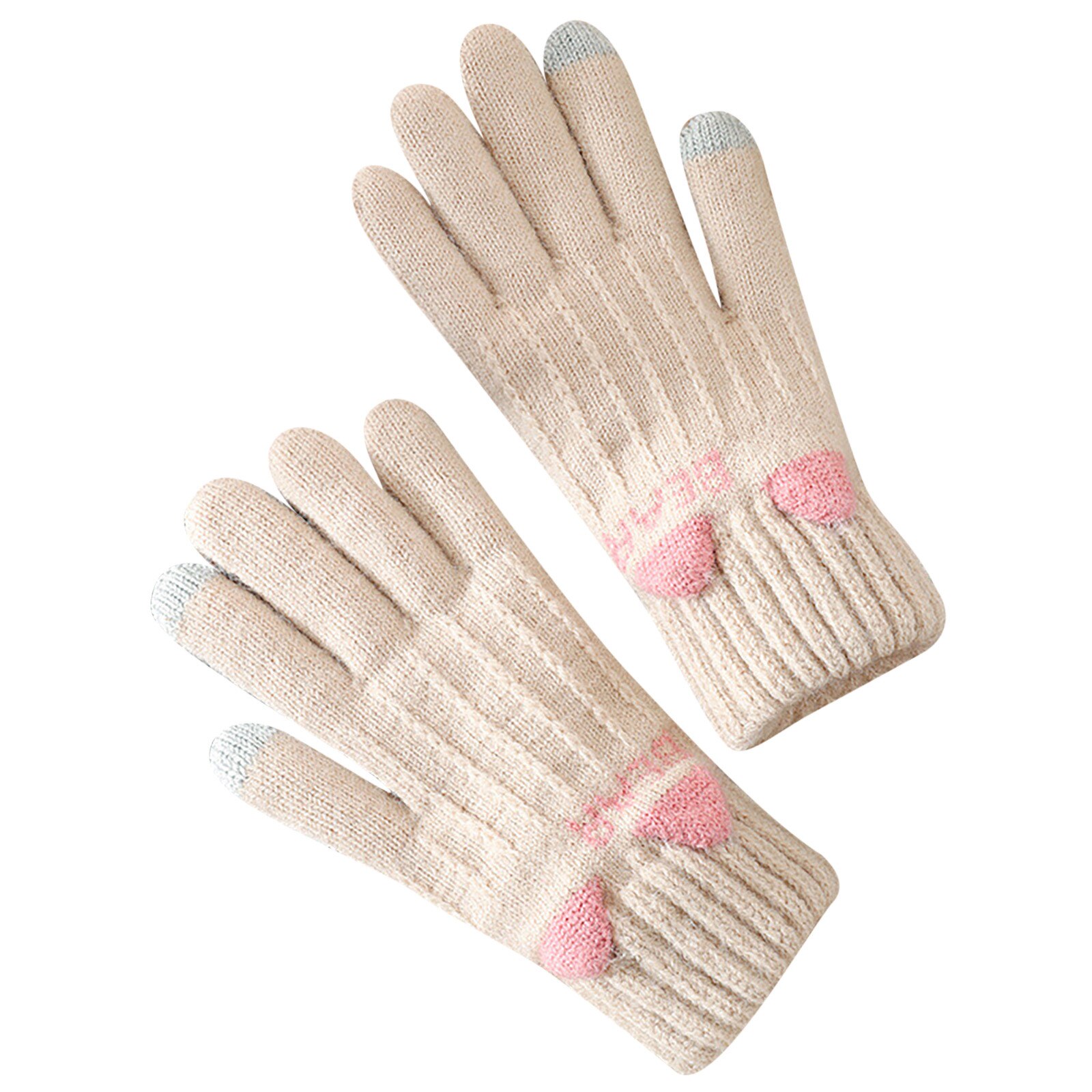 freundlicher Mädchen Gestrickte Finger Handschuhe Winter warm Halten Katze Drucken Warme Handschuhe Jungen Mädchen Warme Fäustling für Teenager Jugend Radfahren handschuhe: Beige