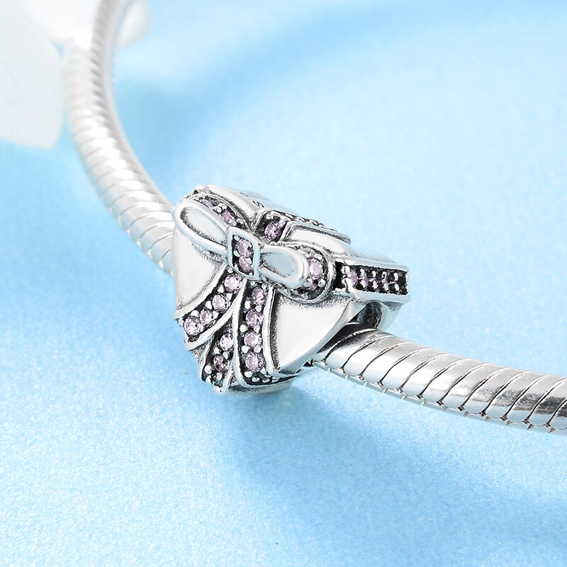 925 Sterling Silver Cute heart shaped pink zircon bow beads Fit Original European Charm Bracelet Jewelry making