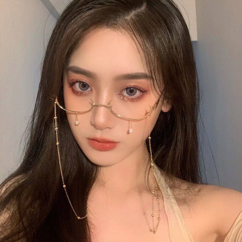 Half-frame Glasses Without Lens Glasses Frame with Chain Women Accessories Metal Chain Eyes Glasses Face Jewelry