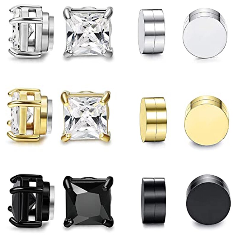 6 Pairs of Magnetic Earrings Men and Women Round Square CZ Magnet Non-piercing Clip Earrings Set Black Steel Gold