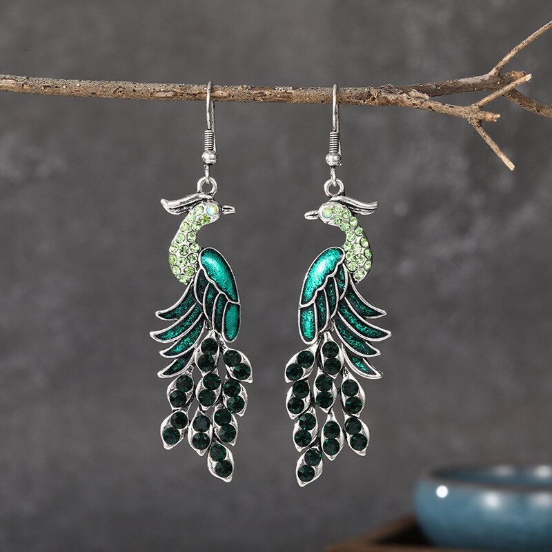 Niebieski Rhinestone etniczne kolczyki paw indyjska biżuteria w stylu Vintage srebrny kolor kryształu dynda wiszące kolczyki dla kobiet Pendientes: Green