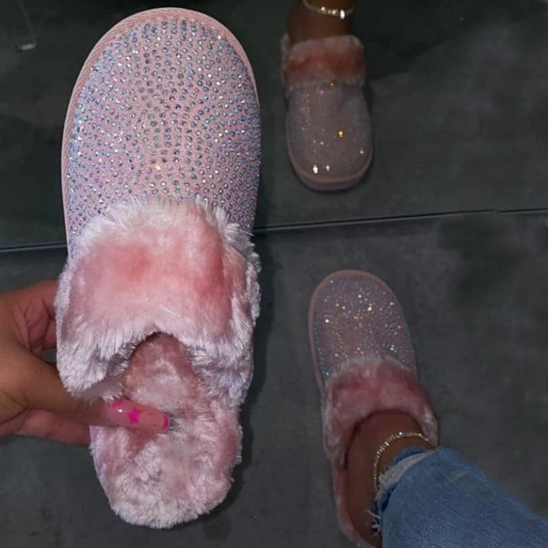 Winter Bling Bont Slippers Vrouwen Warm Meisjes Huis Slippers Slaapkamer Schoenen Kristal Indoor Zapatilla Mujer