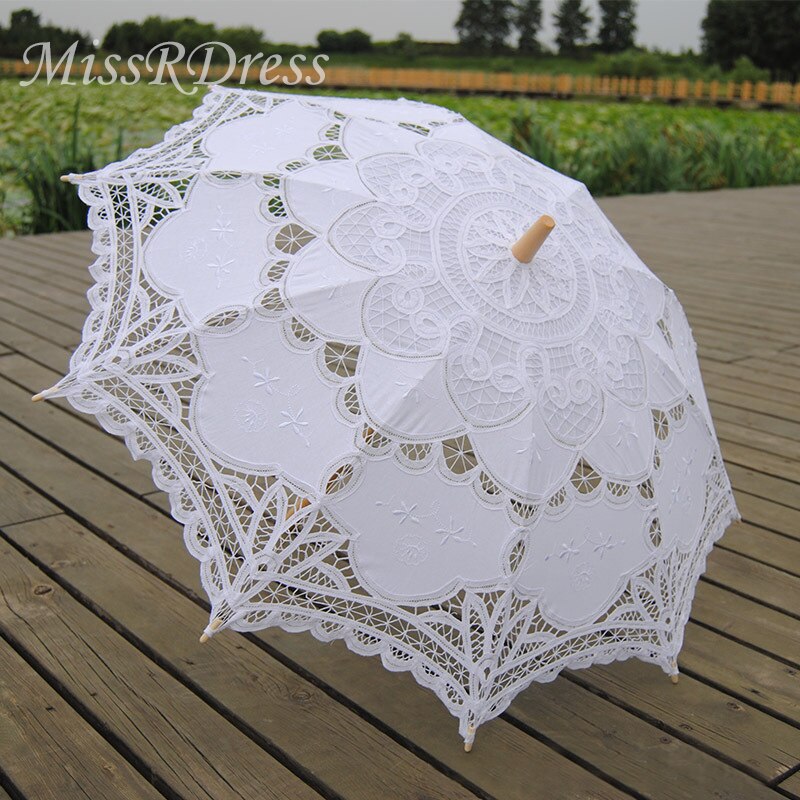 MissRDress Baumwolle Stickerei Braut Regenschirm Weiß Battenburg Spitze Regenschirm Jahrgang Regenschirm Für Hochzeit Zubehör JKs2