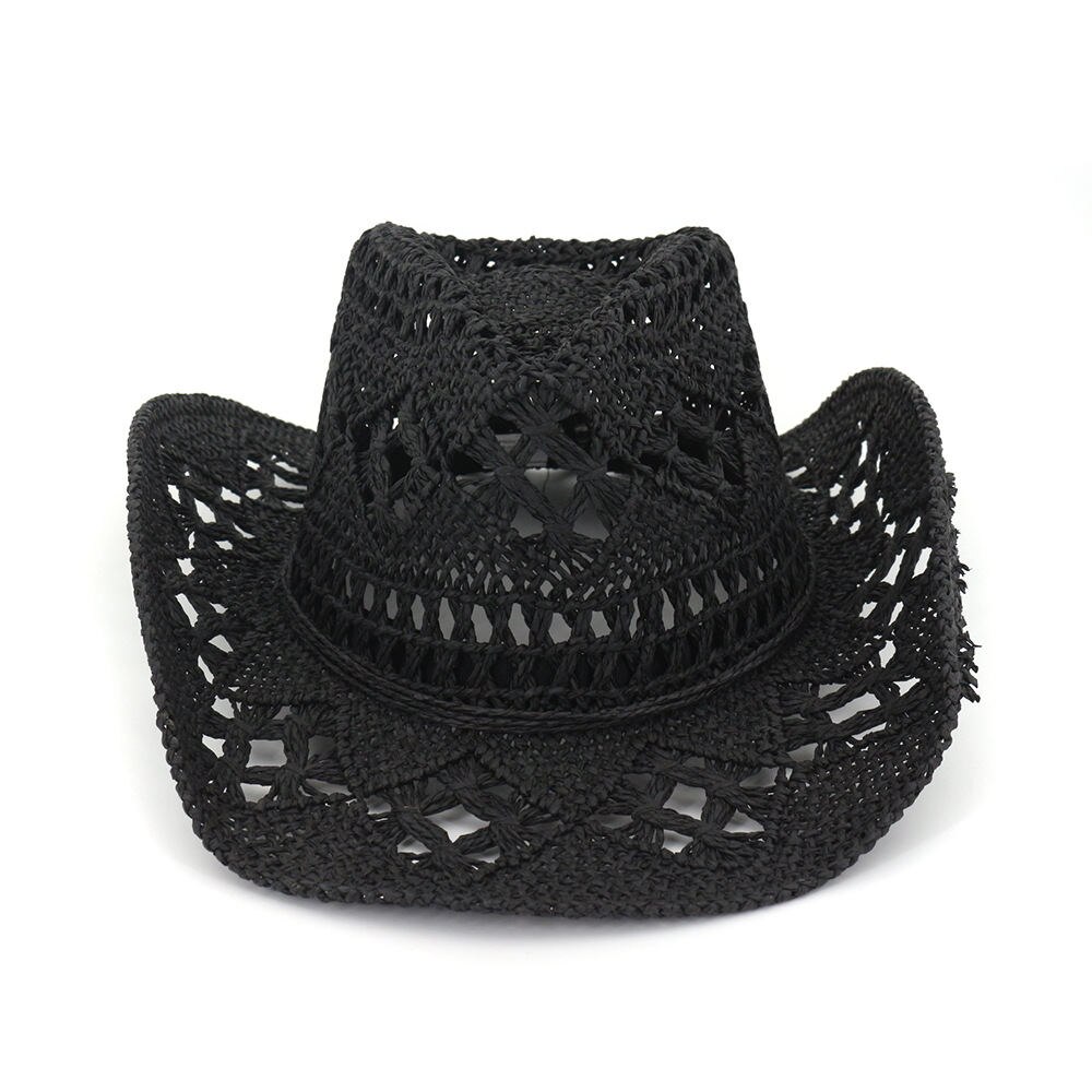 Sombrero vaquero hueco de rafia para hombres de verano con cuerda delgada de ala ancha rizada occidental gorro de protección solar Unisex sombreros: Black