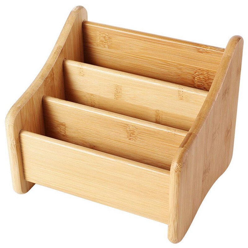 Wood Desk Organizer Bamboo Remote Control Holder Caddy Storage Container with 3 Compartments for Pen Pencil Phone Eyeglasses Off