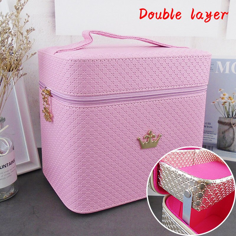 Cosmetic Bag Women Noble Crown Large Capacity Makeup Organizer Portable Brush Storage Case ZF9531: Pink(Double layer)