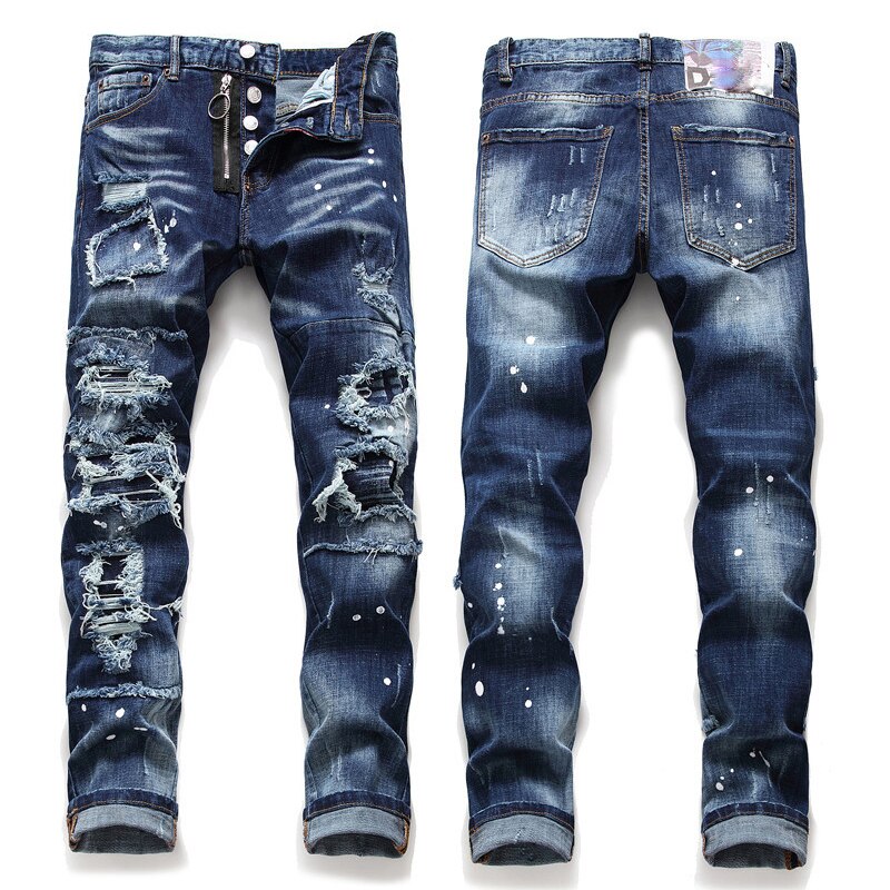 Light Luxury Men’s Ripped Jeans,Hole Patches Slim Fit Jeans,White Spot Prints Denim Pants,Street Casual Jeans Pants;: 36