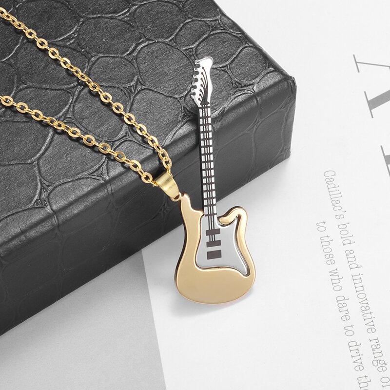 Collar con colgante de guitarra musical de acero inoxidable, accesorios de joyería para músico, hombres y mujeres, Punk, Hip Hop, Rock, instrumentos musicales: Oro oscuro