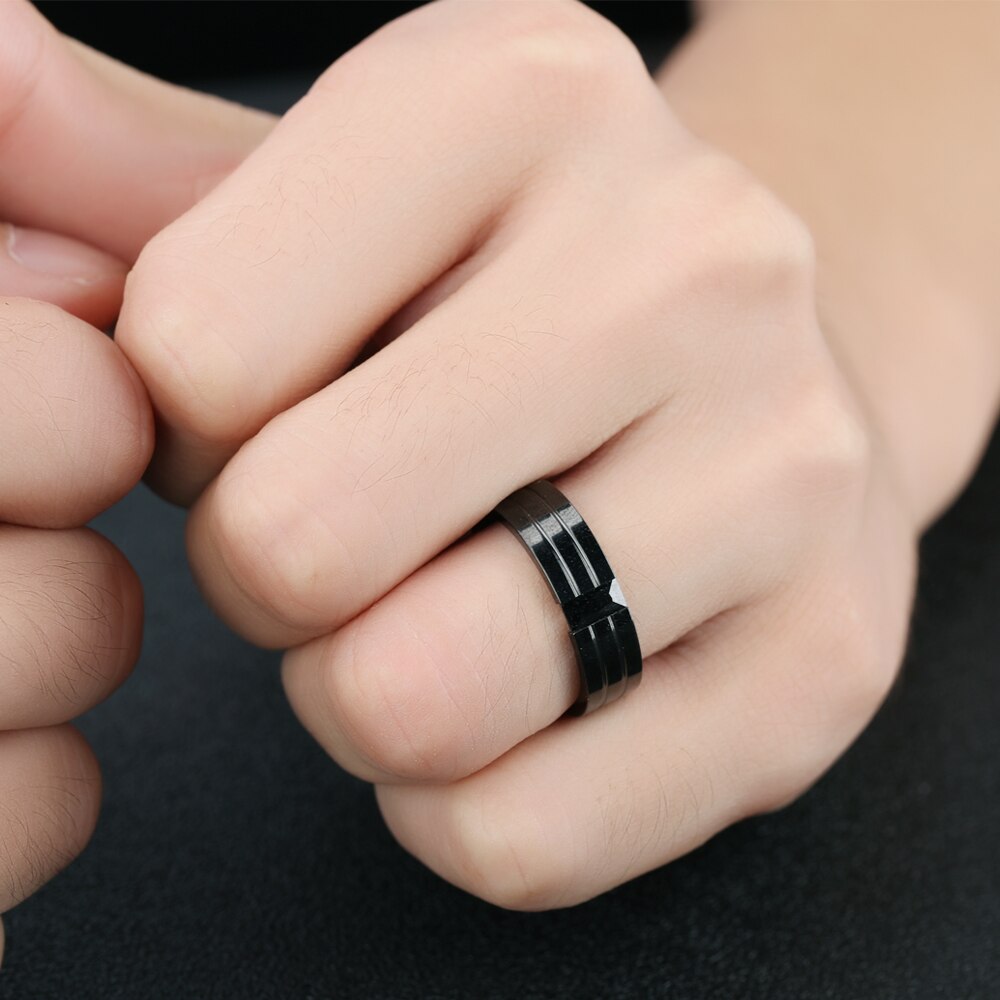 XQNI Full Black Stainless Steel Rings For Men With Zircon & Groove 6MM Width Male Boy Ring Jewelry Birthday Party