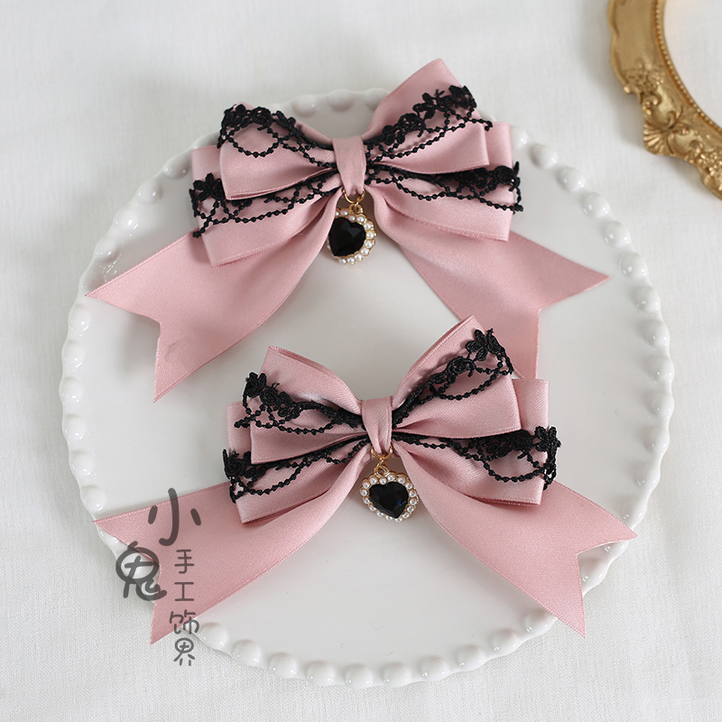 Original Handmade Lolita Dark Halloween Hair Accessories Dark Goth Lace Love Hairpin a Pair of Hairclips: Pink