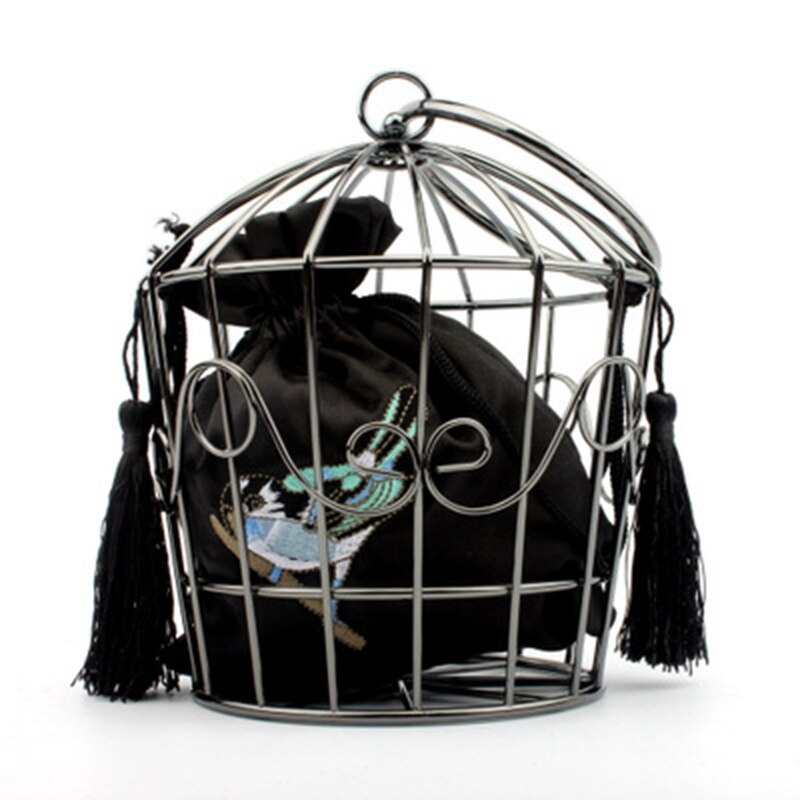 Bolsa de personalidade da moda, gancho bordado, flor, de metal, para gaiola de pássaro, mini bolsa de transporte, bolsa de noite para gaiola de pássaro