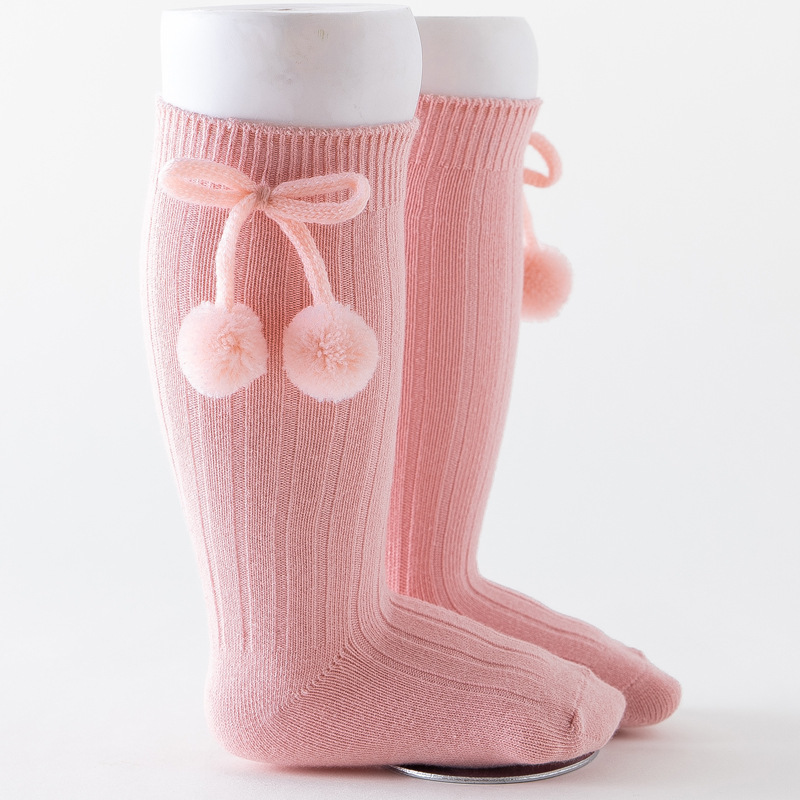 6 Colors Unisex Children Cherry Poms Ball Knee High Socks Baby Toddler Tube Socks For Kids Girls Boys Cherry Knitted Sock 2-6Y: pink / S(0-1T)