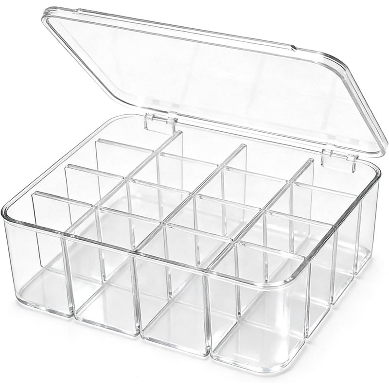 B84B-Tie Box Schubladen-Organizer für Socken und Unterwäsche, 16-Fächer Transparente Kunststoff-Aufbewahrungsbox mit Deckel und Verstellbarem Trennsystem