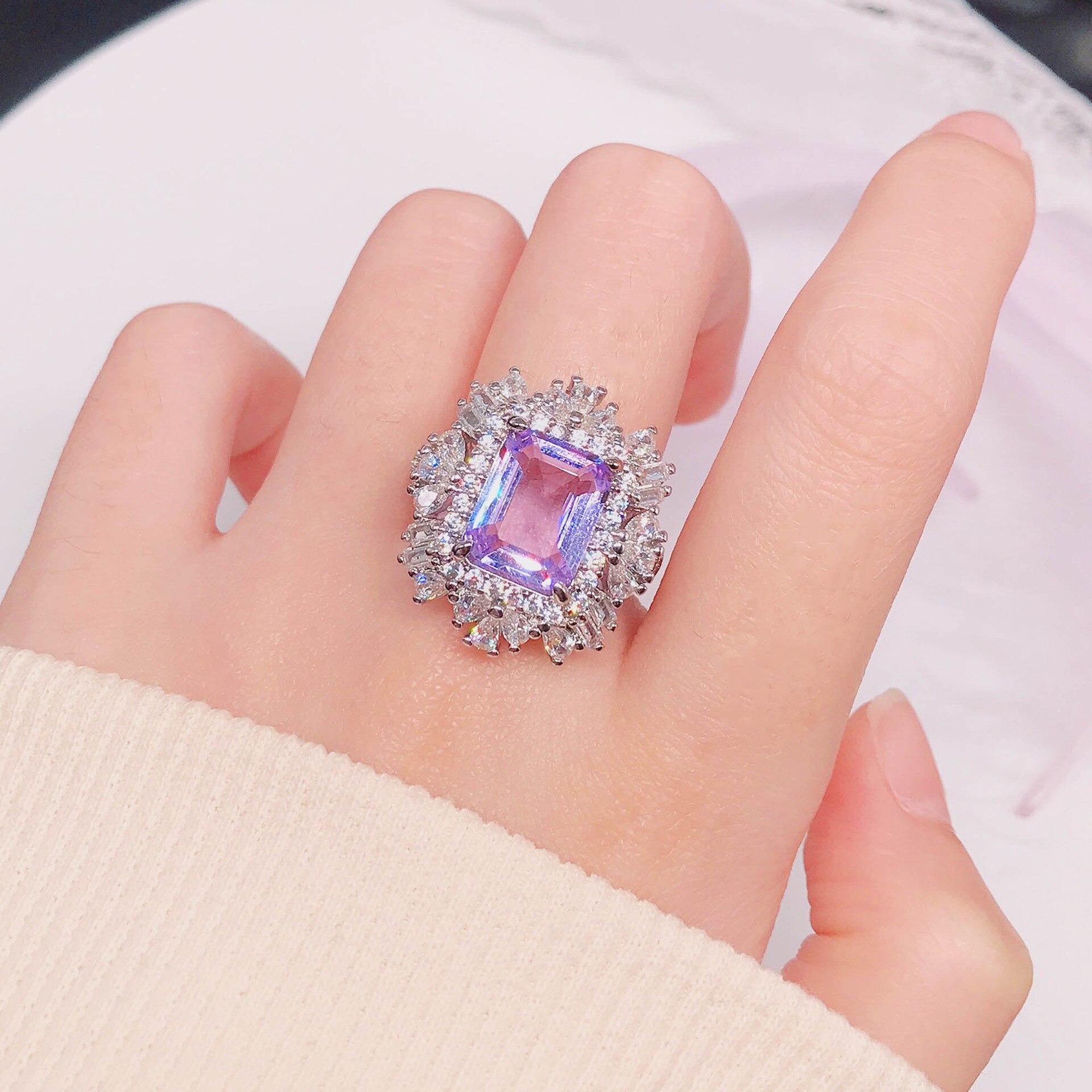 RUZZALLATI Drsign Rectangle Pink 6ct Tanzanite Rings fpr Women Silver Color Wedding Bridal Ring Necklace Jewelry Set: Ring