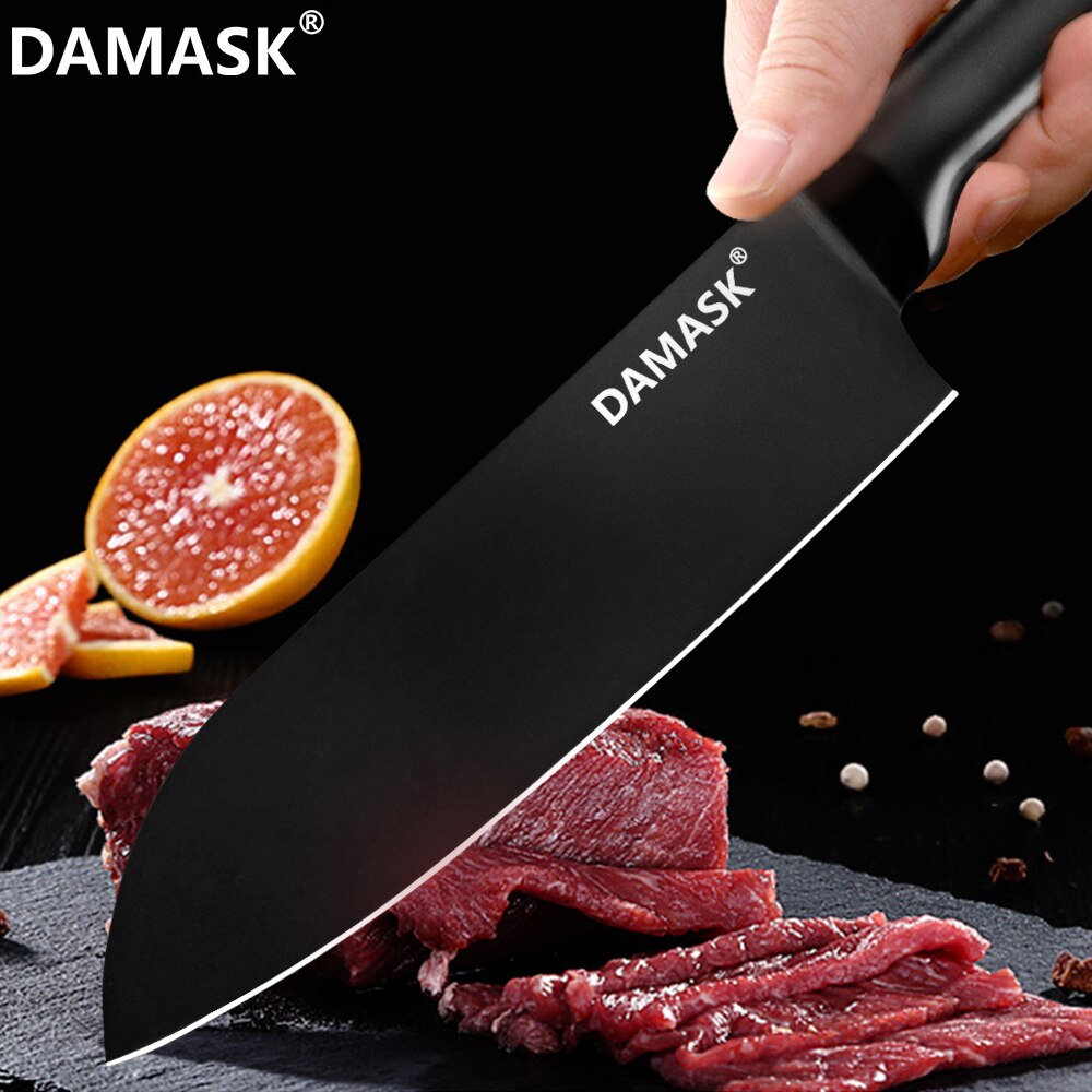 damask kokk kjøkkenkniv rustfritt stål kniv santoku hakking nakiri verktøy kjøttøks ikke-pinne svart matlaging tilbehør