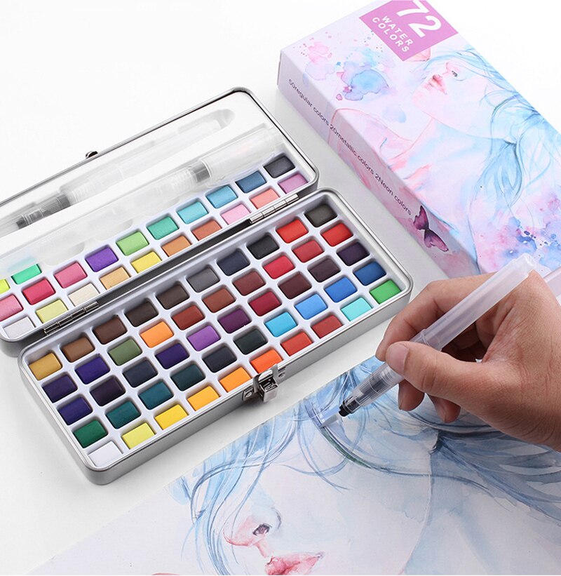 72 farver solid akvarel pigment sæt boks med 3 pensel pen bærbar metallisk vandfarve maling til begyndere kunstforsyninger