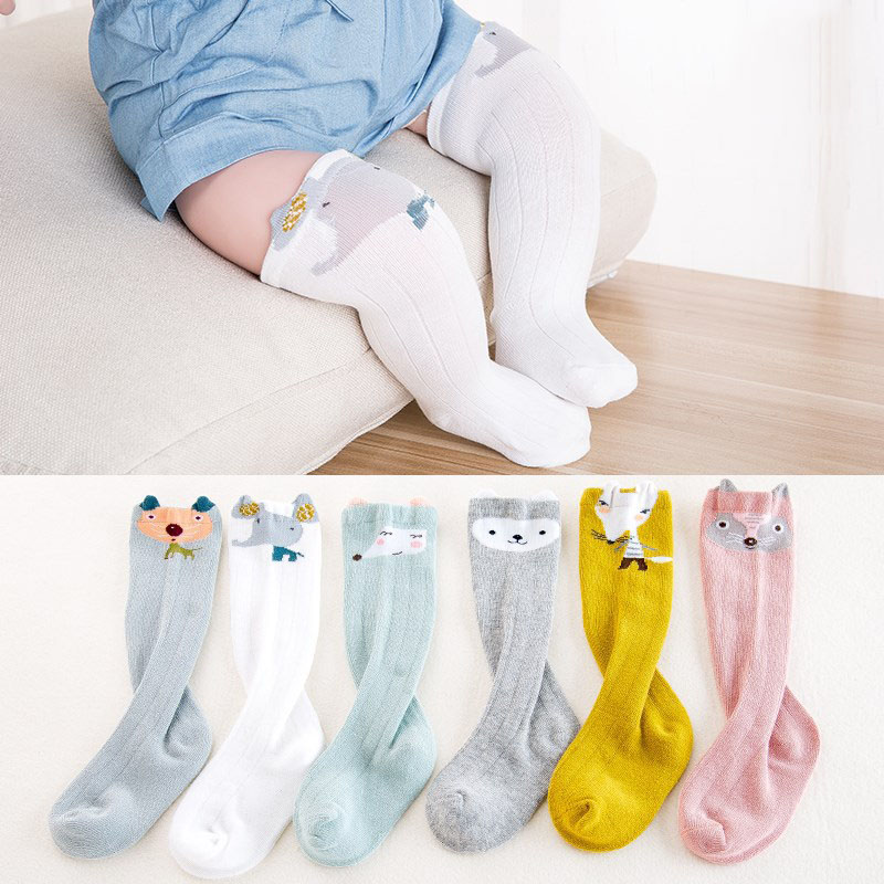 Tegneserie nyfødt baby sokker dyreprint baby pige dreng knæ sokker bomuld småbørn spædbørn piger knæ høje sokker sokken 0-12m: Stil 1 hvid 0-12m