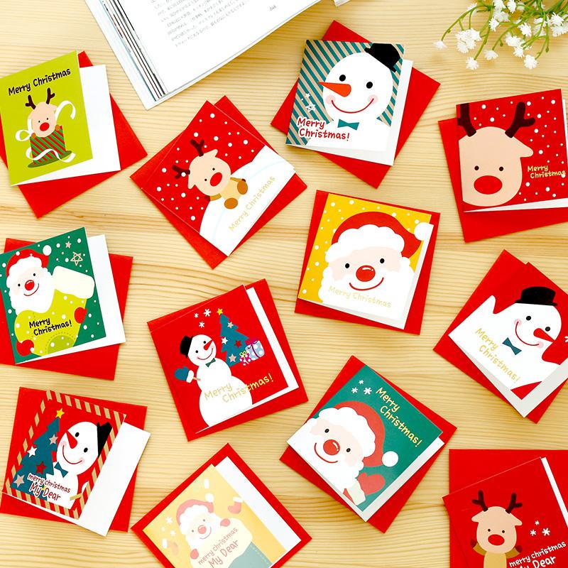 (12 Stuks/partij) Leuke Cartoon Kerst Kaart Mini Wenskaart Sets Bericht Zegen Kaart Met Enveloppen ZQ017