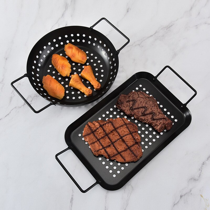 Non-stick Grill Pan Ronde Vierkante Dubbele Handvat Gaten Voedsel Groente Barbecue Keuken Camping Picknick Afvoer Mand Plaat Lade