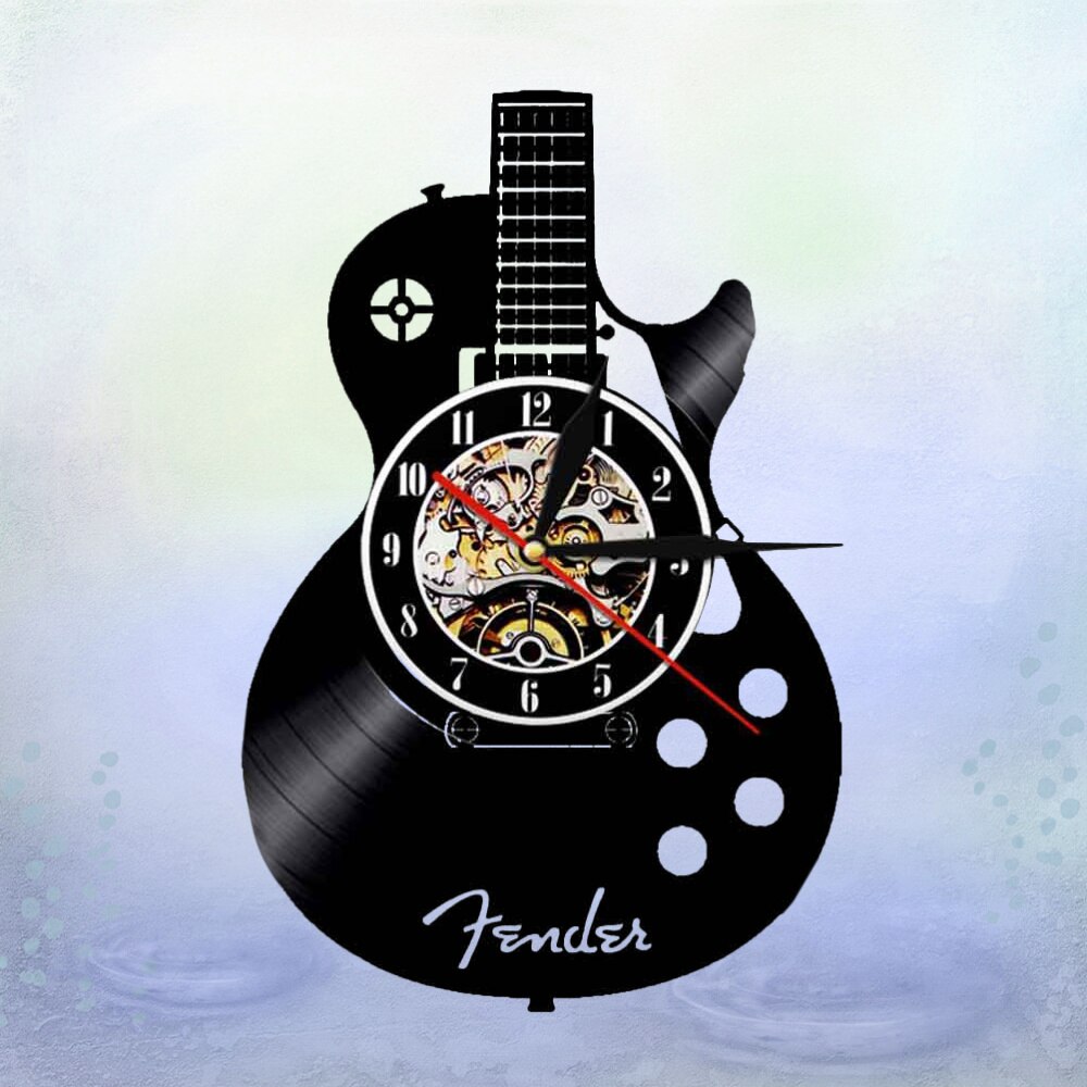 Guitar Shape Wall Clock Vinyl Record Wall Clock Living Room Wall Hanging Clock (without Lamp Shipment without Battery): Black 2