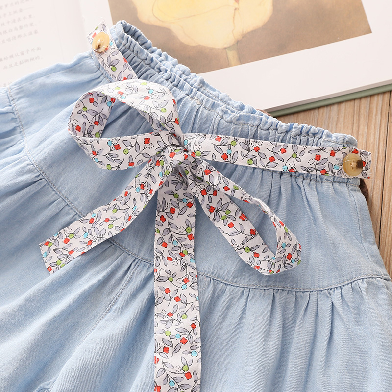 2021 Hot Summer Casual 3 4 5 6 7 8 9 10 11 12 anni Baby Child pantaloncini di jeans larghi in cotone tinta unita con cintura per bambini ragazze