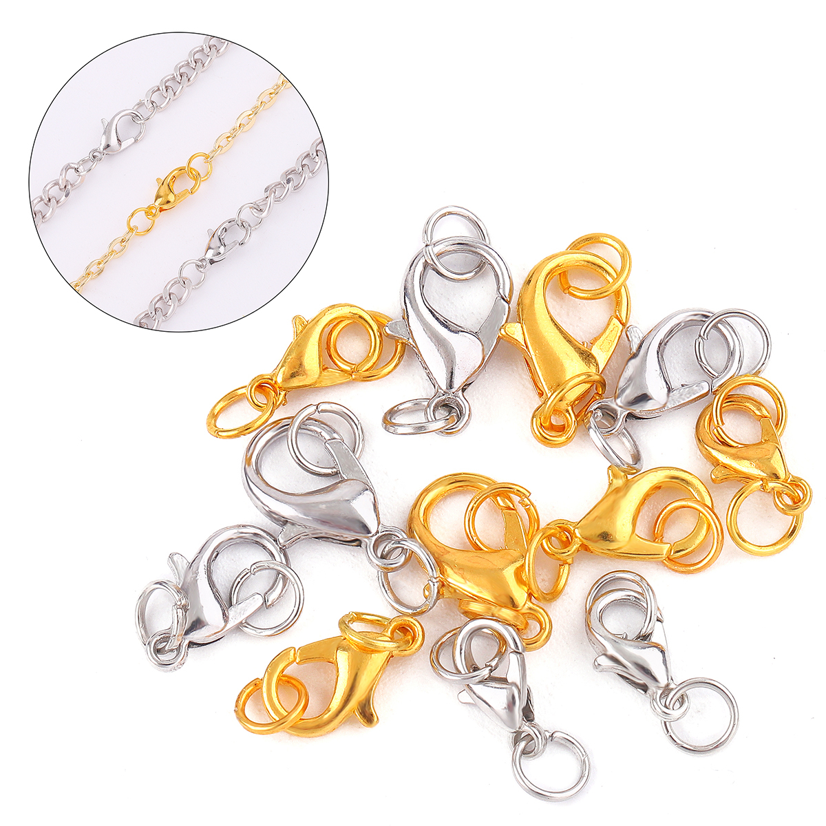 10Set/lot 10 12 14mm Lobster Clasp with Jump Rings Connectors For Bracelet Necklace Chains DIY Jewelry Making Findings Supplies