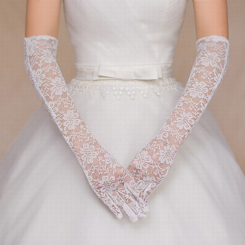 Guantes rosas de boda económicos para mujer, guantes largos de novia, guantes de encaje blanco puro, guantes para el dedo para novia, accesorios de longitud al codo