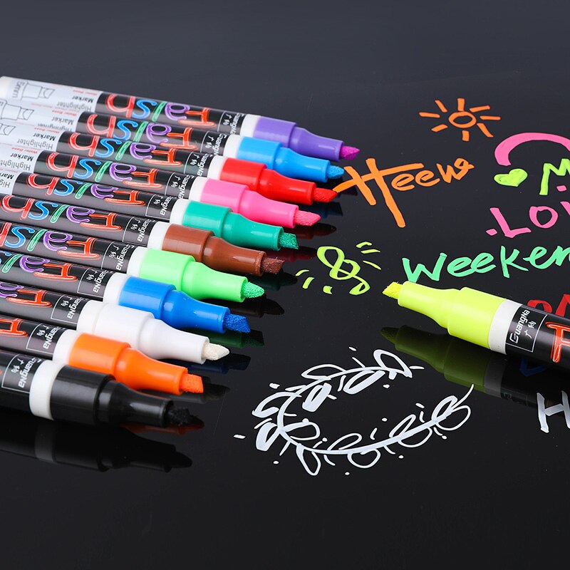 12 colores 6mm punta oblicua resaltador líquido tiza rotuladores para LED tablero de escritura vidrio ventana arte pintura