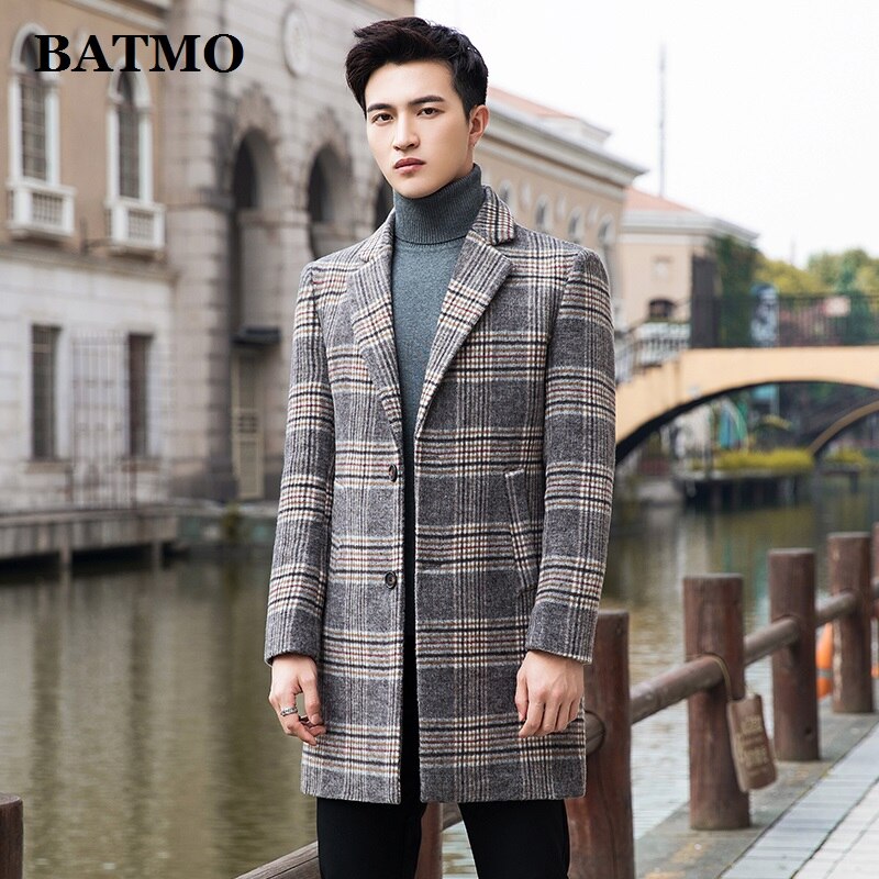 Batmo Herfst Wol Plaid Toevallige Trenchcoat Mannen, Mannen Wollen Jas, wol Jassen Mannen N901