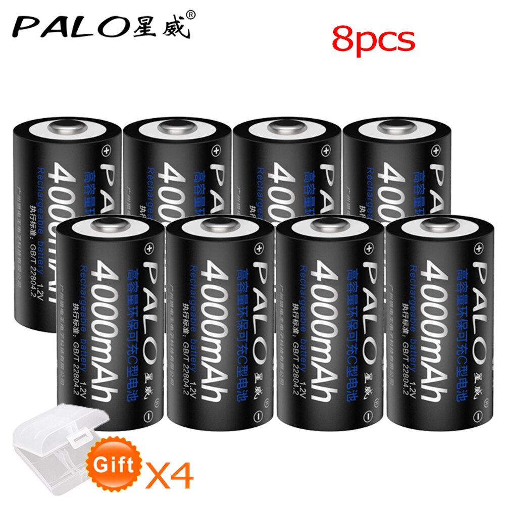 PALO R14 C pile C taille batterie rechargeable 1.2V 4000mAh NI-MH + intelligent de charge rapide chargeur LCD pour AA AAA C D 9V: 8pcs battery