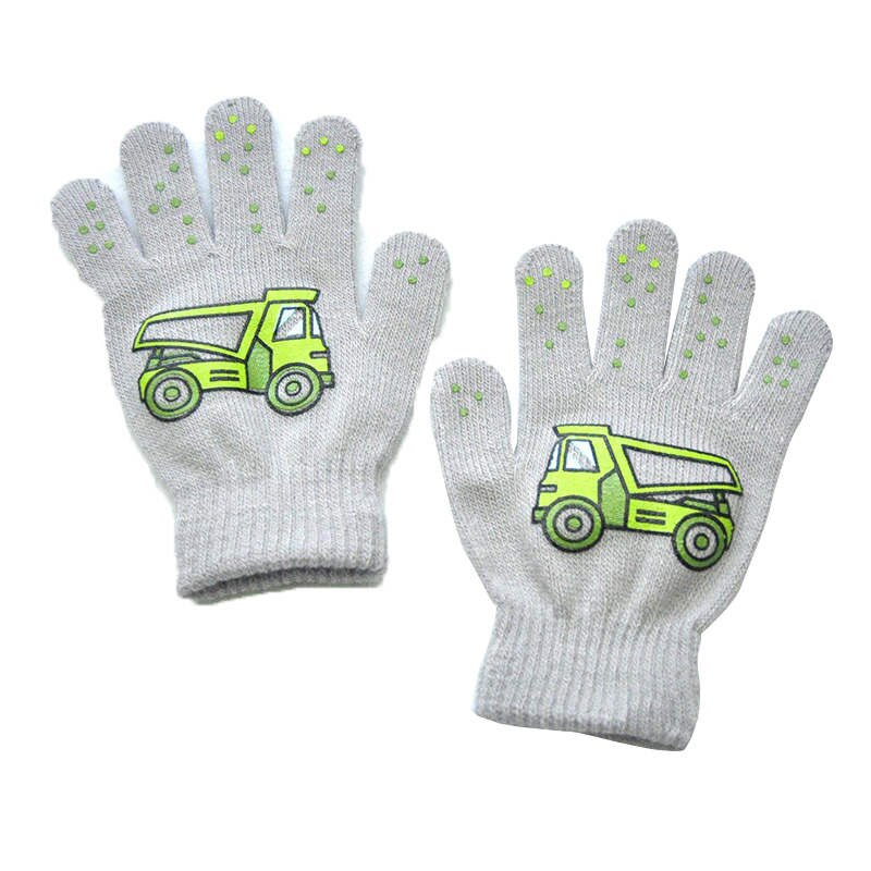 Warmom 6-12Y Children Winter Cold And Warm Outdoor Sports Knitted Gloves Small Engineering Vehicle Pattern Printing Gloves: Gray