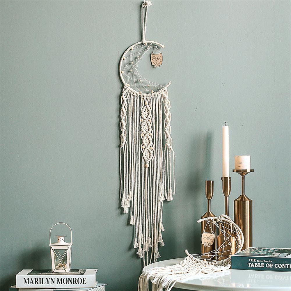 Moon dreamcatcher macrame bomull vävt bohemiskt vägghängande gobelängsmycke för flicka sovrum vardagsrumsdekoration: B