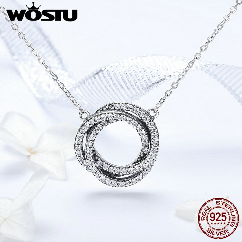 WOSTU Real 925 Sterling Silver Triple Lucky Circle Pendant Necklace For Women Luxury Original S925 Jewelry CQN259