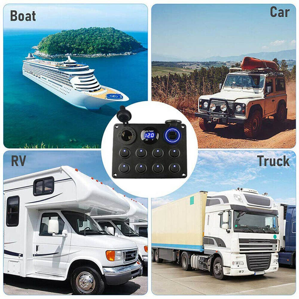 8 Gang Led Marine Boat Switch Panel 12V ON-OFF Toggle Switch Panel 2 USB Charger Car Boat Marine RV Truck
