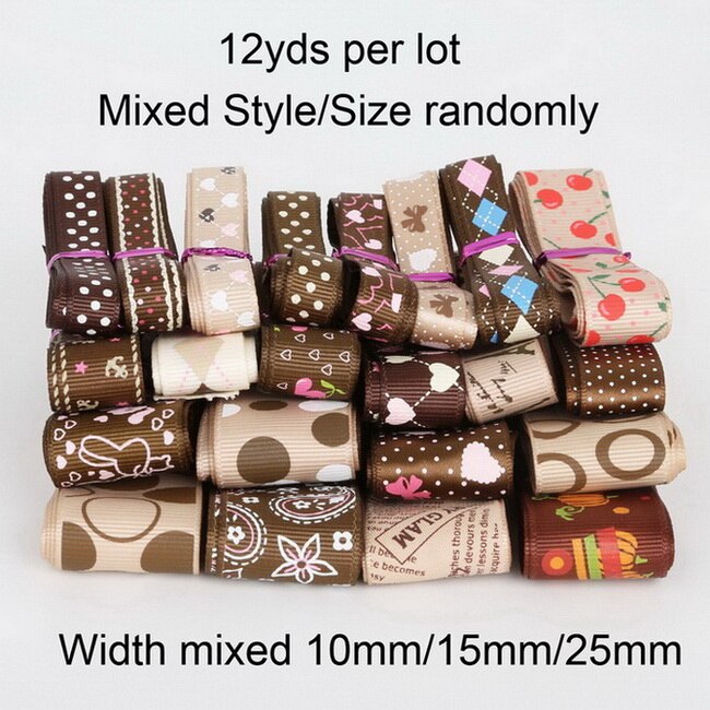 12y/lot (1y/stijl) willekeurige Gemengde Grootte/Stijl Grosgrain Satijnen Lint Voor Wedding Christmas Party Decor DIY Ambachtelijke Materialen: Random Mixed Brown