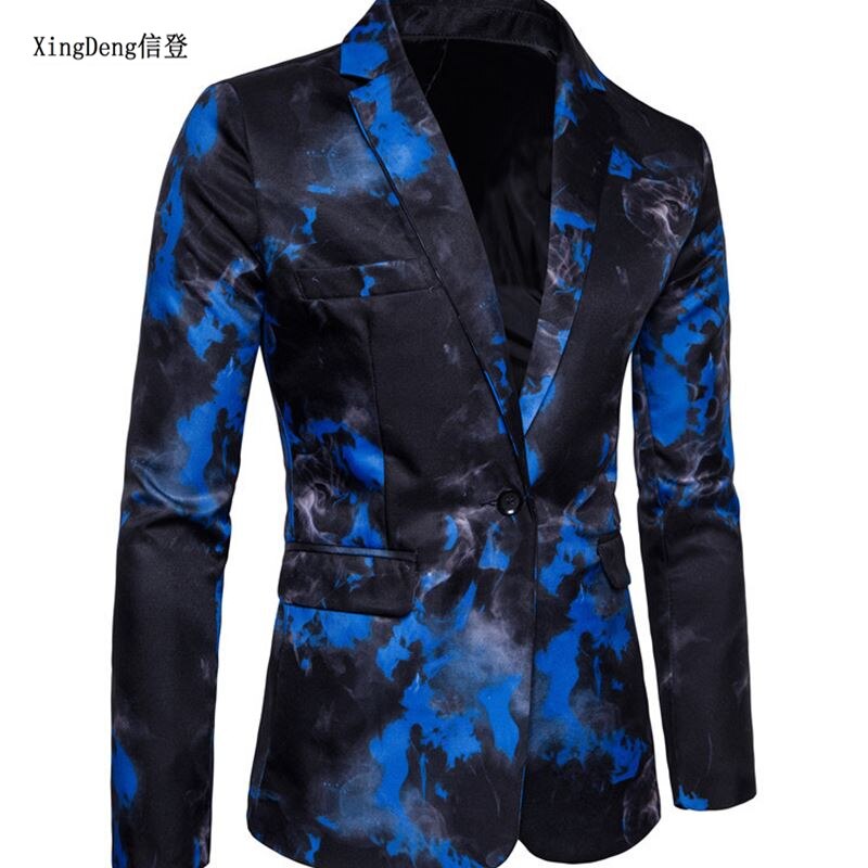 Xingdeng casual blazer herre slim fit jakke mønster trykt blaser homens herre blazer personality jakke rød blå m -3xl