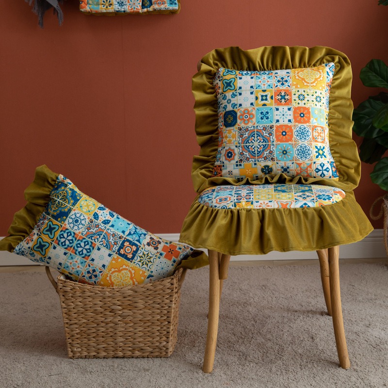 Cojín de asiento impreso para silla de comedor, cojín para silla de comedor para el hogar, correa extraíble y lavable, cojín para silla con borde de volantes retro