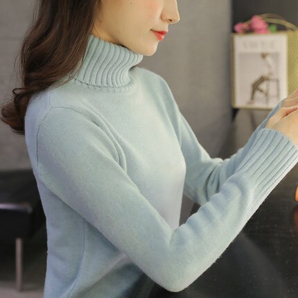 Autumn Winter Women Turtleneck Sweater Pullover Ladies Shirt Slim Casual Tops Warm Clothing Female Knitted Sweater: Light blue