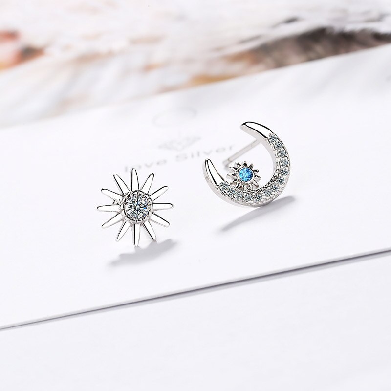 S925 orecchini in argento AAA zircone asimmetria sole e luna orecchini a bottone per donna regalo Lady Girl gioielli di moda