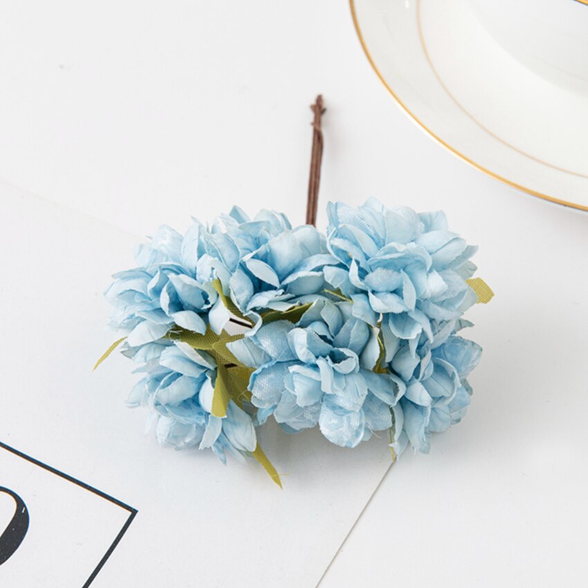 6 Stuks Kunstbloemen Zijde Anjer Mini Boeket Bruiloft Krans Scrapbooking Diy Craft Box Voor Thuis Kerst Decoratie: Blauw