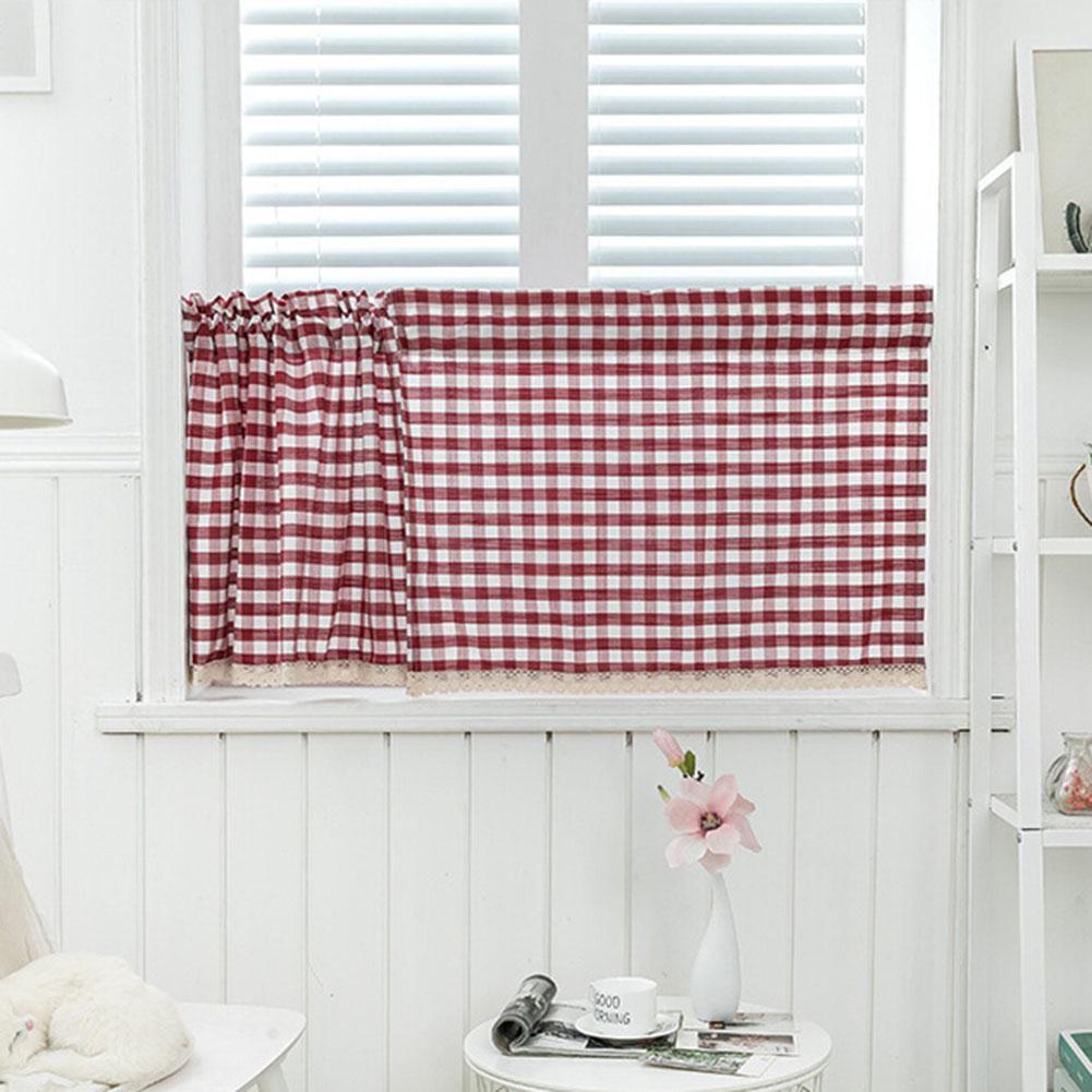 1Pc Küche Plaid aufbringen Kurze Gitter Vorhang Spitze Volant Durch Stange Drapieren Hause Fenster Dekor Vorhänge in sterben Wohnzimmer zimmer