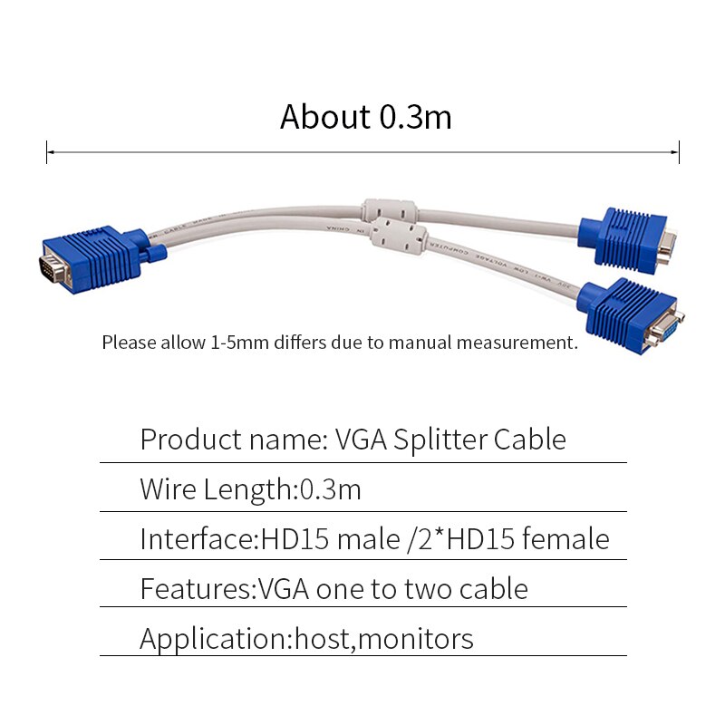 VGA Splitter Cable Male to 2 Female Monitor Adapter Extension Converter Video Cable PC Laptop Monitor Stable VGA Wire Cord