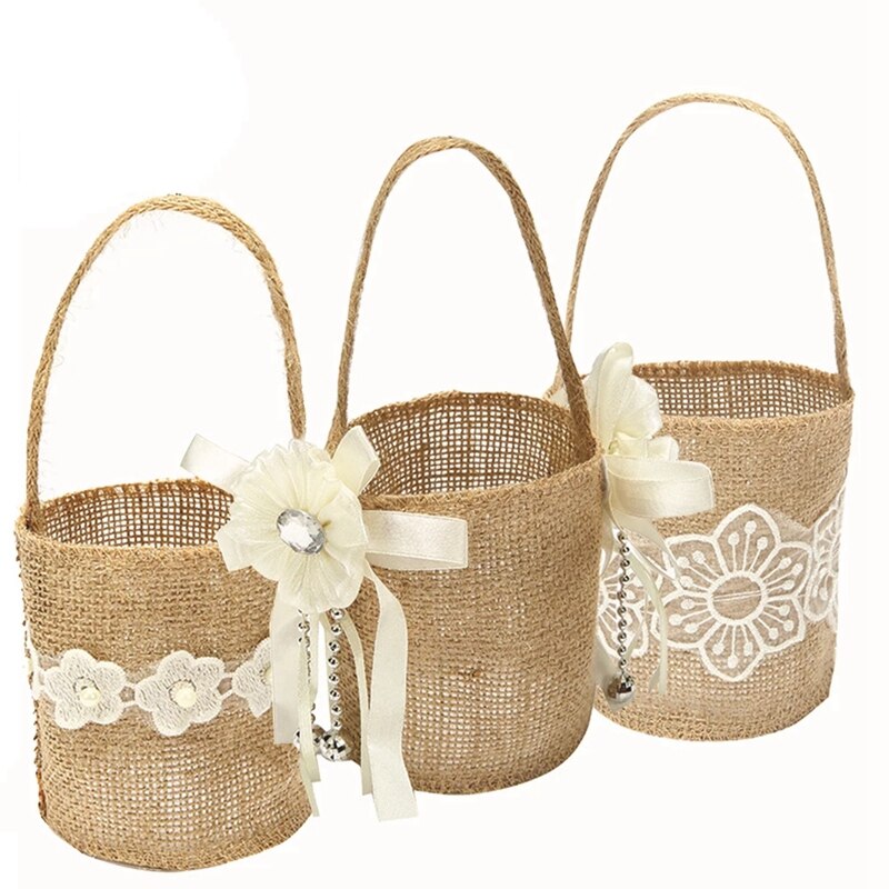Ślub koronkowy jutowy kwiat kosz lniany uchwyt Vintage rustykalny ślub ceremonia dekoracja stołu Baby Shower Party cukierki prezent torba